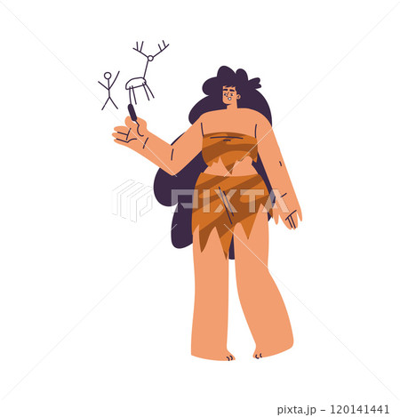 Primitive Woman Character and Caveman in Loincloth Draw and Engraving Vector Illustration 120141441