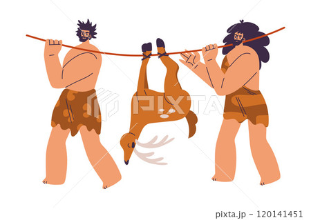 Primitive Man Character and Caveman in Loincloth Carry Deer Vector Illustration 120141451