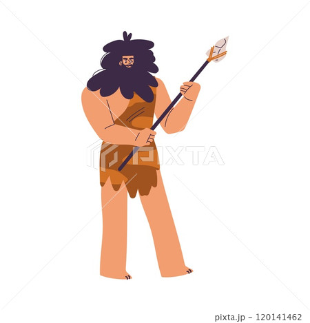 Primitive Man Character and Caveman in Loincloth Stand with Spear Vector Illustration Primitive Man Character and Caveman in Loincloth Stand with Spear Vector Illustration 120141462