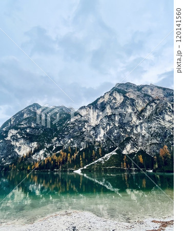 Autumn landscape of Lake Braies. Famous lake in the Dolomites. Autumn landscape of Lake Braies. Famous lake in the Dolomites. 120141560