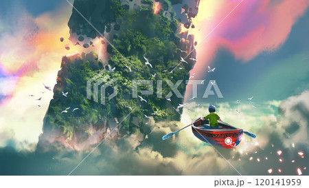 Child in Flying Boat Over Dreamy Landscape 120141959