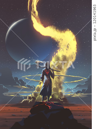 Witch Holding Axe in Mystical Landscape 120141963