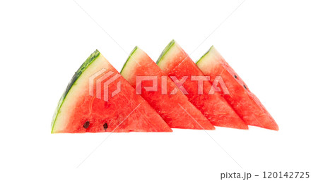 Watermelon pieces isolated. Water melon wedges pile, chopped Citrullus lanatus, red wassermelone cuts group 120142725
