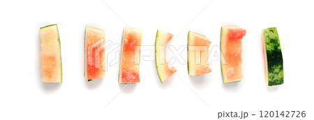 Watermelon skin isolated. Water melon shell, watermelon peel bio garbage for compost, organic waste Watermelon skin isolated. Water melon shell, watermelon peel bio garbage for compost, organic waste 120142726