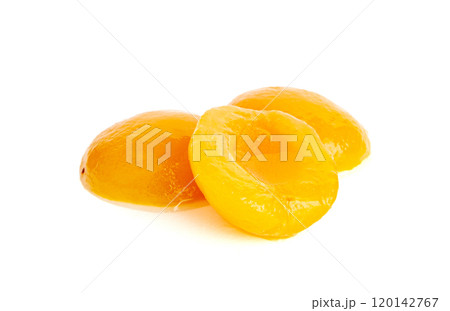 Canned Peaches, Apricot Halves in Syrup, Yellow Fruit Dessert, Tinned Nectarine Compote 120142767