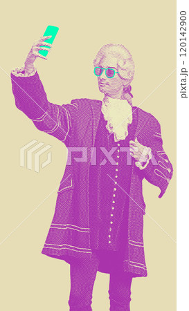 Young man wearing wig and vintage medieval outfit like famous composer, wearing sunglasses and taking selfie. Contemporary art. Contemporary art. Young man wearing wig and vintage medieval outfit like famous composer, wearing sunglasses and taking selfie. Contemporary art. Contemporary art. 120142900