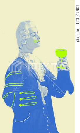 Classic music and wine. Young man wearing wig and vintage medieval outfit like famous composer, drinking green cocktail Contemporary art. Classic music and wine. Young man wearing wig and vintage medieval outfit like famous composer, drinking green cocktail Contemporary art. 120142903