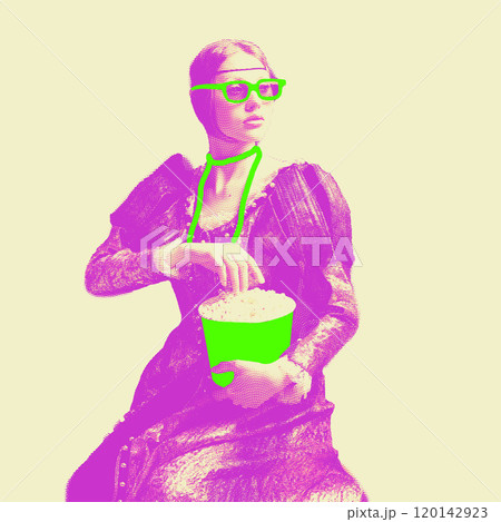 Classical portrait in pop art style, historical figure wearing vibrant green glasses and holding popcorn bucket. Contemporary art. 120142923