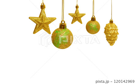Set of golden decoration Christmas balls, star, heart, collection hanging isolated on white background Set of golden decoration Christmas balls, star, heart, collection hanging isolated on white background 120142969