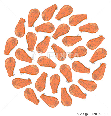 Freehand Salmon steak Round Background Texture. Healthy food Day wallpaper in trendy soft shades Freehand Salmon steak Round Background Texture. Healthy food Day wallpaper in trendy soft shades 120143009