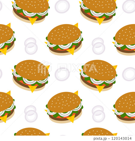 Sesame bun chees, meat, salad, slice tomato and purple onion Seamless pattern. Fast Food background 120143014