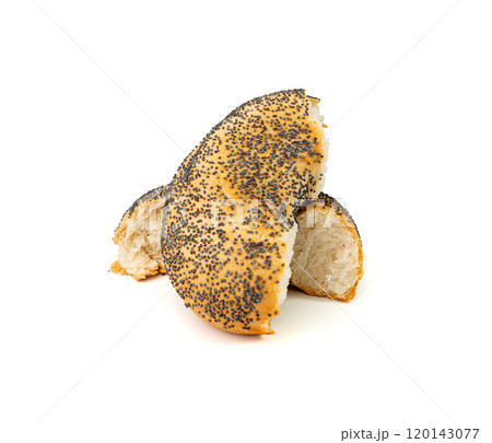 Broken Poppy Seed Bagel Isolated, Round Bread Bun, Poppyseed Wheat Bakery Pieces for Breakfast Broken Poppy Seed Bagel Isolated, Round Bread Bun, Poppyseed Wheat Bakery Pieces for Breakfast 120143077