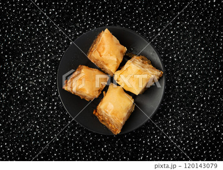 Baklava Set Top View, Ramadan Dessert, Eastern Sweet Filo Pastries, Honey Baklawa, Oriental Desert 120143079