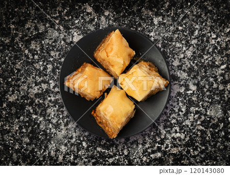 Baklava Set Top View, Ramadan Dessert, Eastern Sweet Filo Pastries, Honey Baklawa, Oriental Desert 120143080