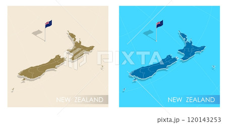 New Zealand country flag installed on geographic positioning map point of country territory. New Zealand commonwealth banner on land and sea. Festive patriotic HD format template for independence day 120143253