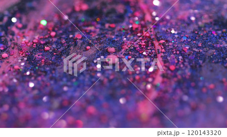 Glitter gloss texture. Sparkling oil drip. Blur purple pink color shiny sequin particles paint liquid ink fluid spill abstract art background with bokeh lights. 120143320