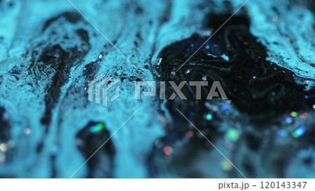 Liquid glitter texture. Ink drip. Defocused black blue color holographic sequin particles gloss paint mix oil emulsion fluid spill abstract art background. 120143347