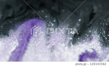 Glitter water structure. Gleaming drawing wave. Blur lilac white color shiny purple particles ink water cascade flow on abstract art background. 120143382