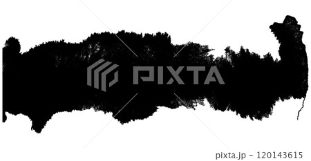 Abstract grunge textured black ink brush stroke smear shape. Artistic hand painted dark isolated paintbrush stain for texture frame, graphic design, background, plaque banner decor 120143615