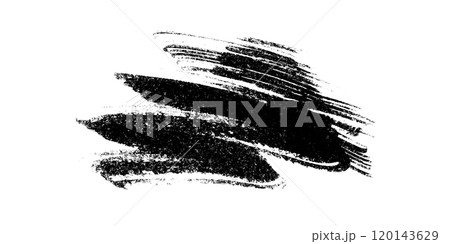 Abstract artistic black ink grainy textured striped brush stroke mascara smear. Grunge wavy dark isolated texture shape for texture frame design, background, plaque banner decor 120143629