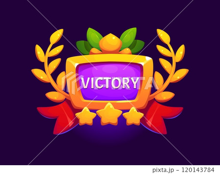Game victory award icon, ui award badge, featuring bright golden stars, red ribbons, laurel and green leaves. Cartoon vector pop up interface banner for gaming achievements, and winners recognition 120143784