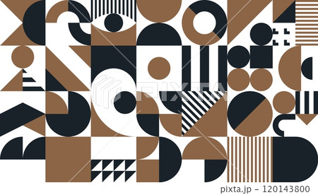 Golden, black and white abstract geometric pattern. Vector background with modern art graphic texture of simple geometry shapes mosaic. Abstract ornament with lines, circles and squares composition 120143800