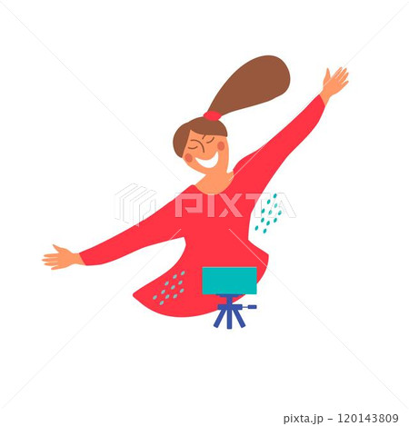 Young girl child takes a selfie or dances in front of a phone camera. 120143809