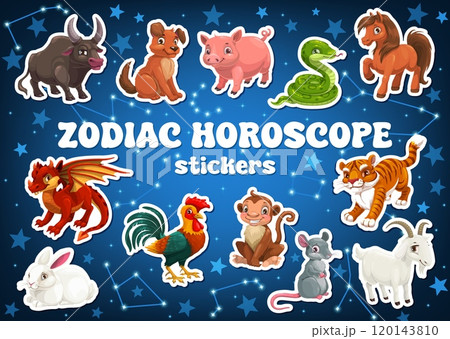 Cartoon zodiac horoscope animals stickers pack. Vector chinese New Year horoscope characters. Dragon, snake, horse and rabbit, goat, tiger, dog and monkey, rat, pig, ox and rooster animals stickers 120143810