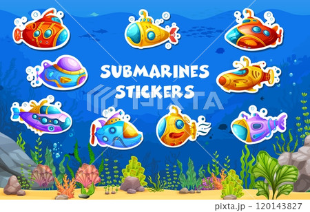 Stickers of cartoon underwater submarine ships on sea under water landscape with fish silhouettes vector background. Yellow, blue and red submarines, underwater ship and bathyscaphe stickers pack 120143827