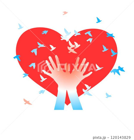 Hands with birds on a background of hearts. 120143829