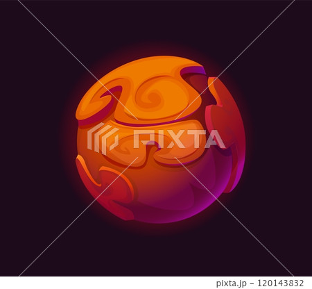 Cartoon galaxy fantasy alien brown ground space planet. Vector mysterious celestial body with swirling pattern on its surface. Meteorite or planet game asset float in a dark outer cosmos and Universe 120143832