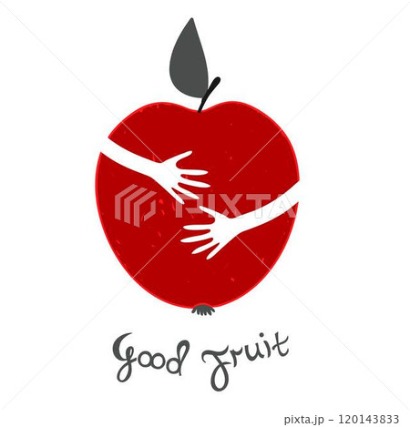Apple icon. Hands hugging the Apple. Writing a good fruit. 120143833