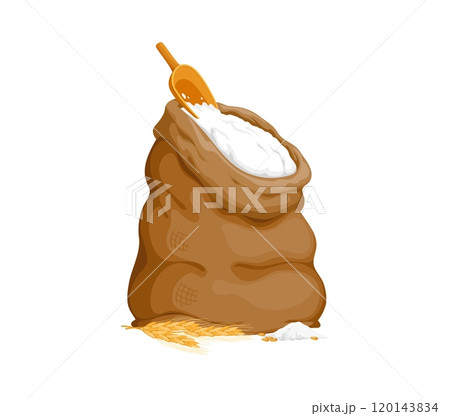 Barley flour bag. Isolated cartoon vector large brown burlap sack filled with flour, accompanied by a bundle of stalks, grains and wooden scoop, represents agriculture, baking, and natural ingredients 120143834