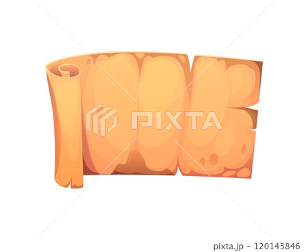 Cartoon pirate old scroll, parchment manuscript. Ancient times paper manuscript, medieval law isolated vector parchment paper or pirate treasure map rolled scroll. Antique document blank papyrus 120143846