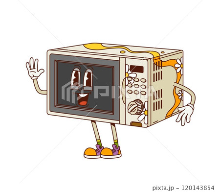 Cartoon groovy kitchen microwave oven character with funny face, vector comic emoji. Groovy microwave oven with funky smile and Hi Hello gesture for retro cartoon kitchen cooking appliance character Cartoon groovy kitchen microwave oven character with funny face, vector comic emoji. Groovy microwave oven with funky smile and Hi Hello gesture for retro cartoon kitchen cooking appliance character 120143854