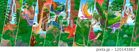 Prehistoric dinosaurs and reptiles characters collage. Cartoon vector flying and terrestrial dino species in their natural habitat and ancient environment landscape with waterfalls, trees or mountains Prehistoric dinosaurs and reptiles characters collage. Cartoon vector flying and terrestrial dino species in their natural habitat and ancient environment landscape with waterfalls, trees or mountains 120143867