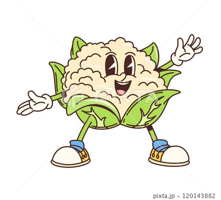 Cartoon groovy cauliflower cabbage character or funny vegetable, vector retro comic. Groovy cauliflower character with happy smile on silly face and funky quirky expression for vegetable emoji Cartoon groovy cauliflower cabbage character or funny vegetable, vector retro comic. Groovy cauliflower character with happy smile on silly face and funky quirky expression for vegetable emoji 120143882