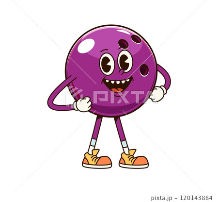 Groovy bowling ball sport character. Isolated cartoon vector cheerful retro personage with happy face showcasing a sporty and whimsical funky vibe for themes of sports, fun, and bowling entertainment 120143884