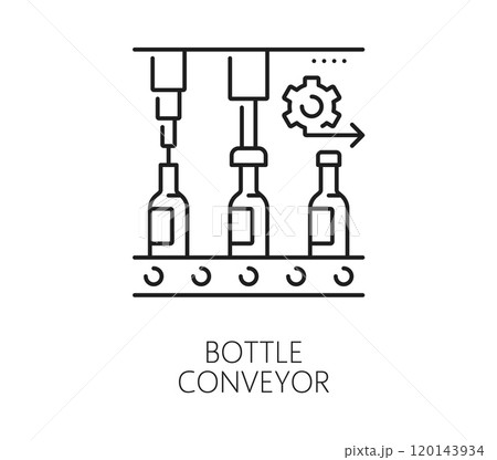 Manufacture bottle conveyor, automatic and manual production line icon. Plant assembly line robot automation manufacture, warehouse supply chain technology line vector symbol with bottles on conveyor 120143934