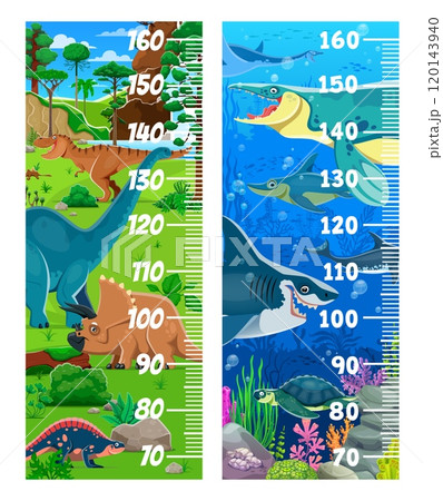 Kids height chart ruler with cartoon prehistoric dinosaurs characters and underwater creatures. Vector growth meter with funny reptiles encourages growth tracking for children rooms or classrooms 120143940