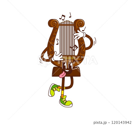 Cartoon lira groovy musical instrument character. Isolated vector lyra plucked personage playing classic or folk music. Traditional Greek harp expressing positive retro vibes with sticking tongue 120143942