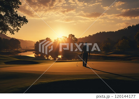 A man with a club in his hands walks on the golf course. 120144177