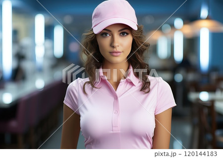 A girl in pink sportswear is standing on the golf club fairground. 120144183