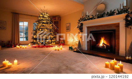 Cozy Christmas Room with Fireplace, Tree, and Candlelight 120144192