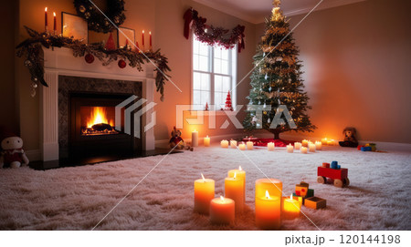 Cozy Holiday Room with Fireplace, Christmas Tree, Candles, and Bokeh Ambiance 120144198