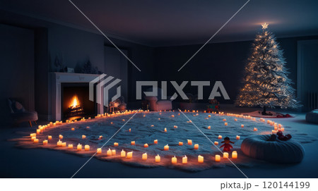 Peaceful Christmas Room with Lit Tree, Fireplace, and Candlelight 120144199