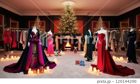 Elegant Christmas room with fashionable dress display and fireplace in center 120144200