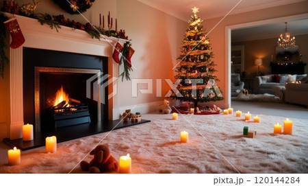 Warm Christmas Room with Glowing Fireplace, Decorated Trees, and Candlelight 120144284