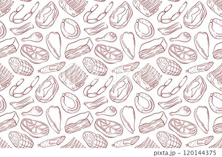 Seamless meat pattern with various cuts and types in line art style. Perfect for butcher shop design, culinary project or background in food related illustration. 120144375