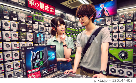 パソコンショップで働く若い女性店員 120144408